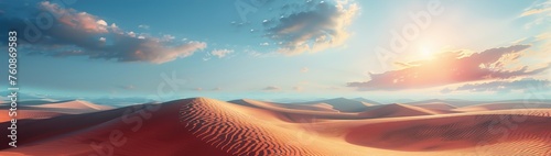 A surreal desert landscape with sand dunes stretching into the horizon under a blazing sun. photo