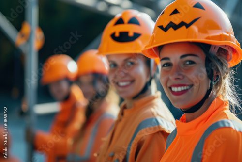  Joyful Workers Wearing Halloween-Themed Safety Helmets with Smiling Faces