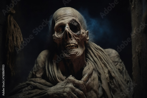 Eerie Portrait of a Skeletal Creature with Hollow Eyes in a Mysterious Dark Setting