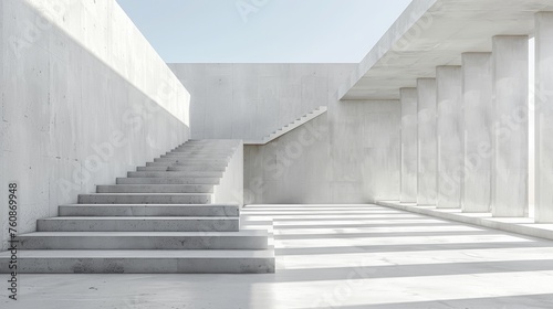 a set of stairs leading up to a white building with columns on either side of it and a blue sky in the background.