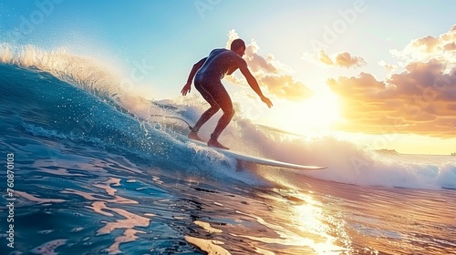 Silhouette of a Surfer Riding Waves at Sunset © Berzey Art