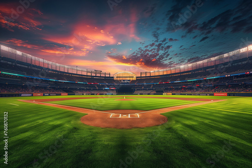 Baseball Stadium at Sunset Clouds Pink Sky Green Grass Low Angle