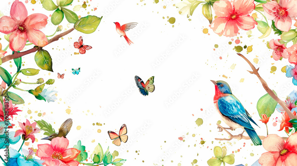 The watercolor painting portrays two vibrant birds surrounded by delicate flowers, capturing a moment of harmony and beauty in nature. Banner. Copy space