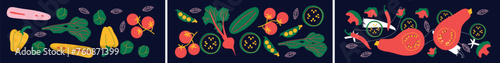 Vegetables and fruits collection. Vector flat illustration. Fruits, vegetables, berries banner
