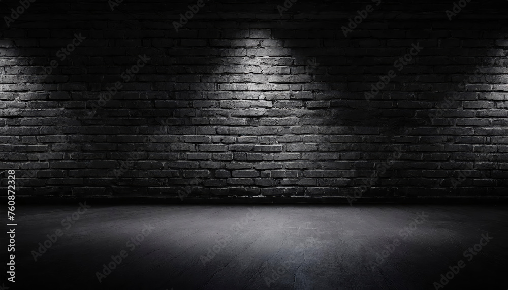 A  black brick wall with black textured background and light shining on it, for product presentation, template, banner or presentation page and web banner - obrazy, fototapety, plakaty 