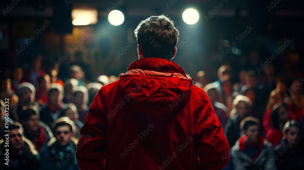 Obraz premium Motivational speaker with headset performing on stage