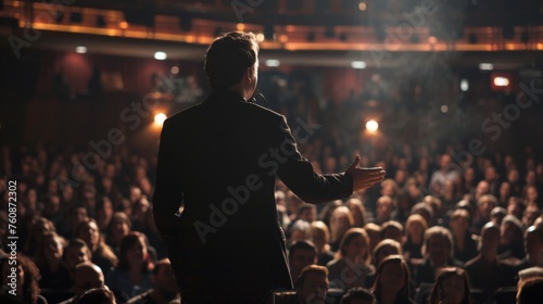 Motivational speaker with headset performing on stage