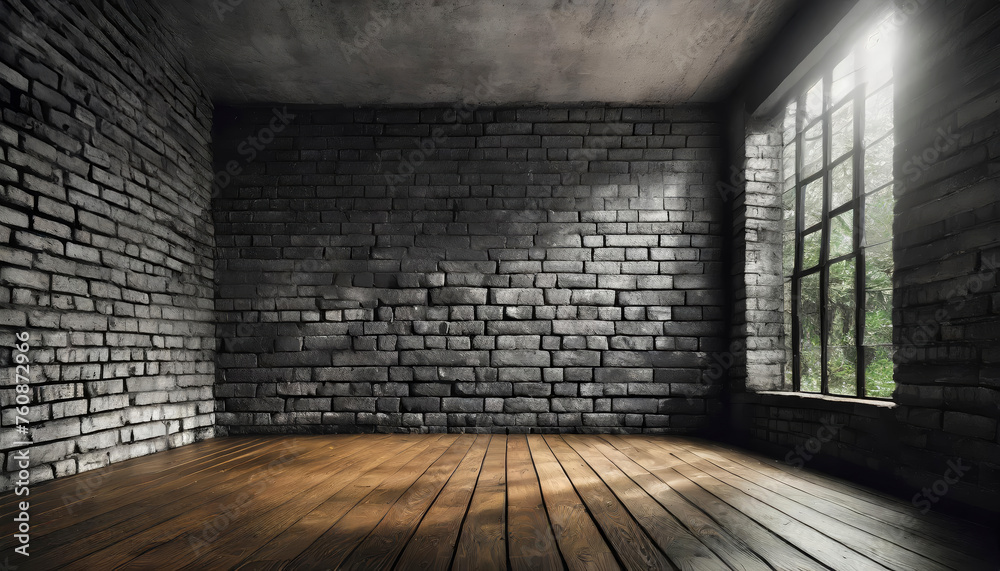 A room with a window and a black bricks  wall, smooth brown wooden floor. The room is empty and the window is letting in sunlight