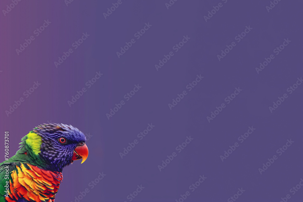 Fototapeta premium portrait tête d'un loriquet arc-en-ciel, espèce d'oiseaux originaire de l'est de l'Australie. Perroquet coloré sur fond violet avec espace négatif copyspace