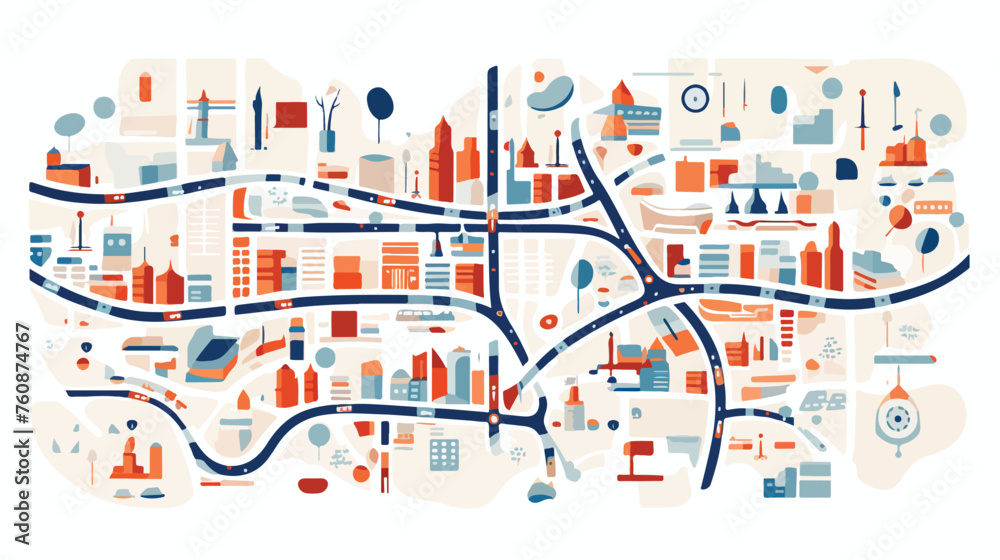 Abstract city map with landmarks and roads. flat ve