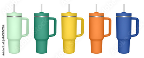 Thermo cup with handle and straw. 3d mockup of a travel thermos. Set of green, yellow, orange and blue mugs. Tumbler template