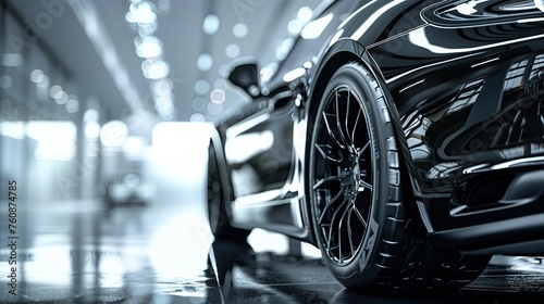 Close up wallpaper of luxury car wheel in showroom, copy space © Katsiaryna