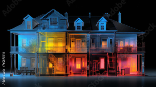 Cross-section of a Victorian house with colorful lighting representing thermal imaging.