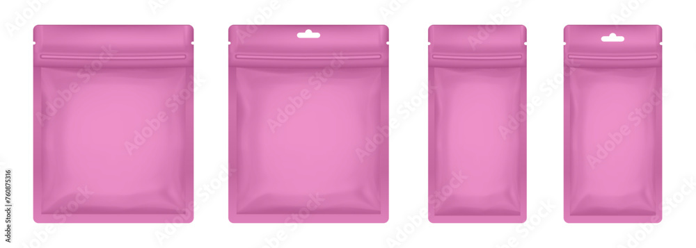 Pink sachet or pouch. Vector zip bags mockup, foil packs. Cosmetics samples. Sheet face mask Pink sachet or pouch. Vector zip bags mockup, foil packs. Cosmetics samples. Sheet face mask