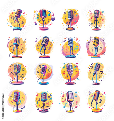 Microphones cartoon vector illustrations. Color voice recording devices round studio equipment musical symbols notes elements, isolated on white background