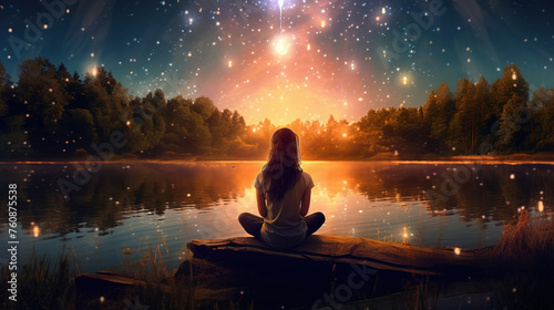 Young woman meditating at sunset at the lakeshore. Silhouette of a person sitting near water in a magical landscape filled with stars, light and sparkles. Energy work, spiritual practice. photo