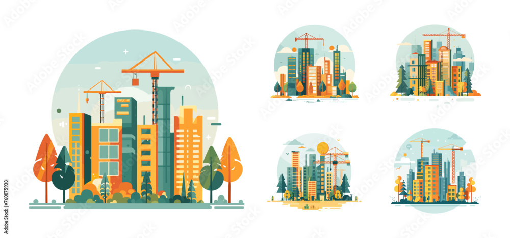 New city construction flat vector cityscapes. Urban crane landscapes residential neighborhoods multi storey houses, trees clouds sky colorful background isolated illustrations