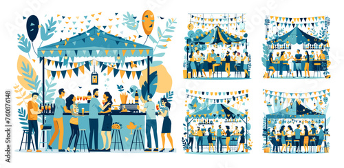 Open air bar tent party crowd minimalistic cartoon scenes vector set. Fun group drinking talking bar vacationers characters, garlands balloons plants elements event illustrations isolated on white bac