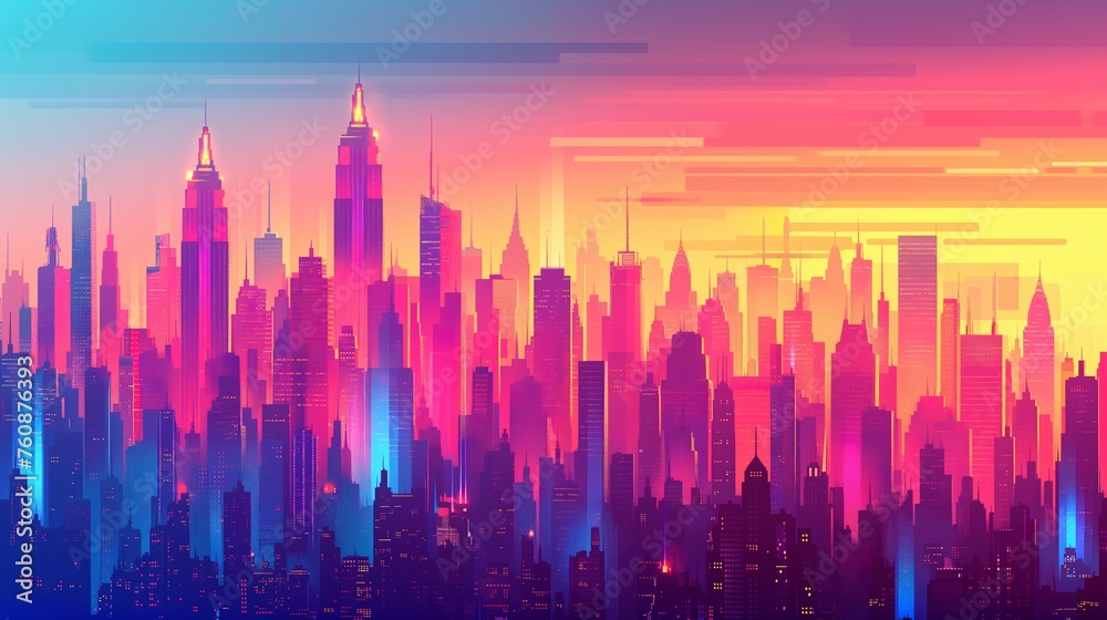 Abstract cityscape bathed in a gradient of sunset colors, creating a dreamy atmosphere.