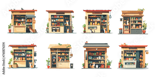 Pet Shop cartoon vector set. Exterior building animals cats dogs birds goods food, counter grooming equipment plants open door illustration isolated on white background