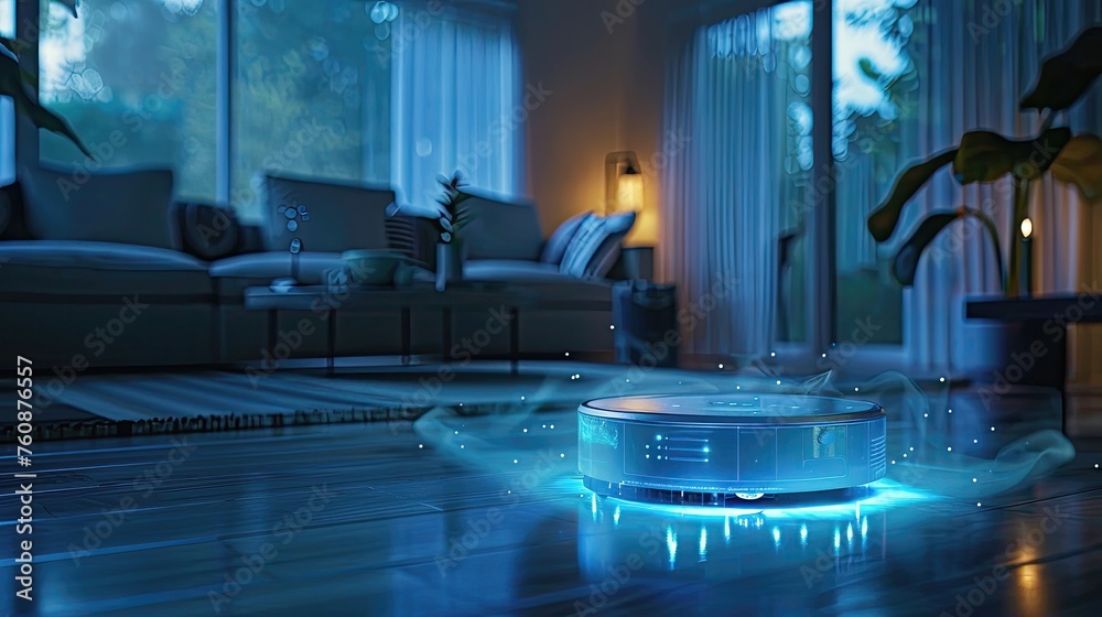Robotic vacuum cleaner in modern living room. 3D rendering. Robotic vacuum cleaner in modern living room. 3D rendering.