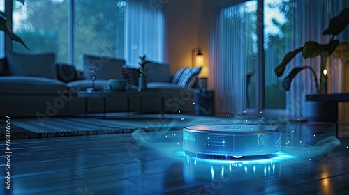 Robotic vacuum cleaner in modern living room. 3D rendering.