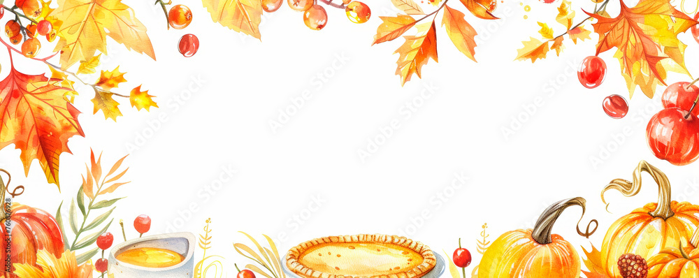A watercolor painting captures the vibrancy of autumn leaves in shades of red, orange, and yellow, alongside plump pumpkins resting on the ground. Banner. Copy space A watercolor painting captures the vibrancy of autumn leaves in shades of red, orange, and yellow, alongside plump pumpkins resting on the ground. Banner. Copy space