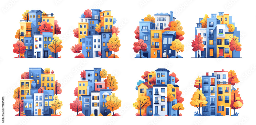 Scandinavian urban buildings cartoon vector set. Cute houses lowrise group architecture trees color autumn illustrations isolated on white background