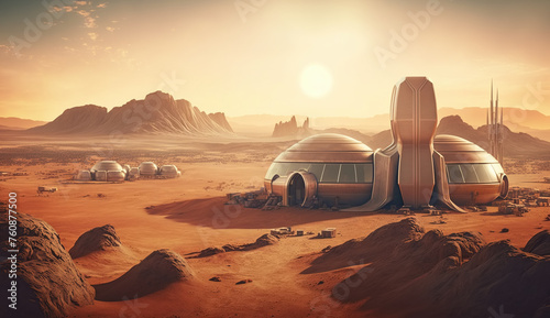 Future space colony built on the surface of the red planet. Scientific exploration of Mars. Dome-shaped metallic bases, futuristic habitat. Barren extraterrestrial landscape in dim sunlight.