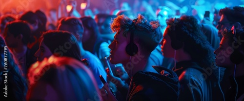 disco club people in headphones dancing photo
