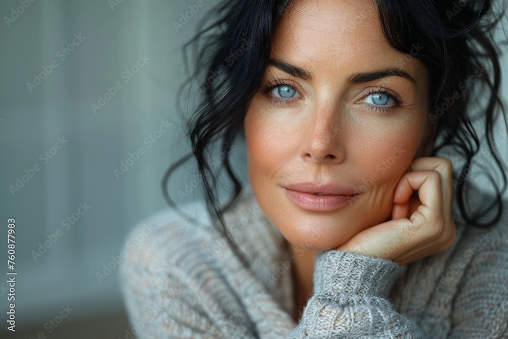 The brunette with blue eyes in her portrait radiates beauty, wisdom and elegance. The brunette with blue eyes in her portrait radiates beauty, wisdom and elegance.