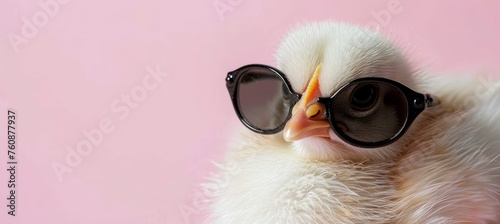 Trendy chicken in sunglasses on vibrant pastel background with space for text placement.
