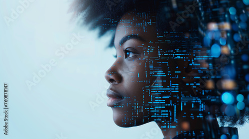 side profile portrait of a black female with a tech pattern overlay, a diverse cyber security analyst of artificial intelligence and the future of ai in the inclusive workplace.  AI Generative. photo