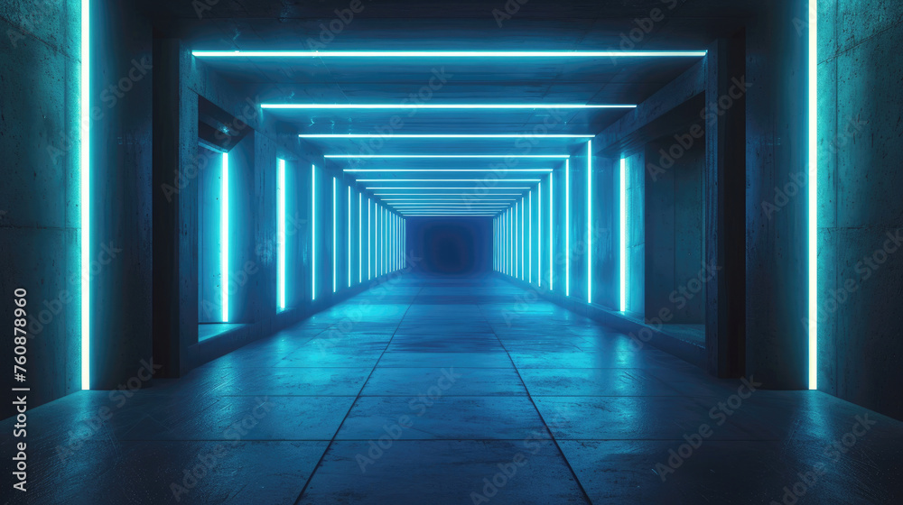 Dark blue concrete corridor with led neon light, abstract garage background. Theme of tunnel, warehouse, room, studio, hall, interior,