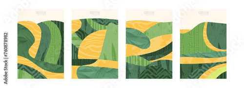 Abstract wineyard farm field pattern vector illustration. Vineyard green landscape with texture. Set of vine valley poster. Viticulture vintage background. Eco card clipart, organic farmland view