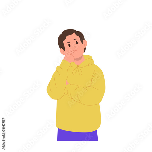 Pensive boy child cartoon character looking up touching chin while standing isolated on white