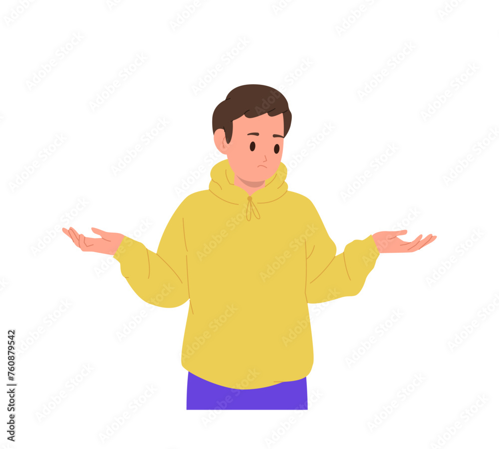 Little confused school boy child cartoon character standing with arms in making decision gesture