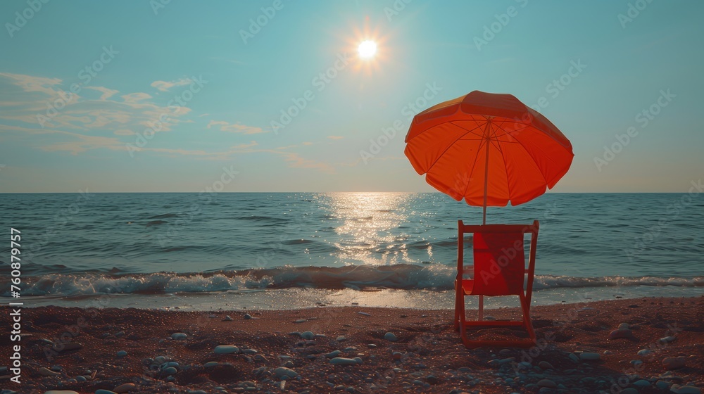 Serene Beach Scene With Orange Umbrella and Chair at Sunset