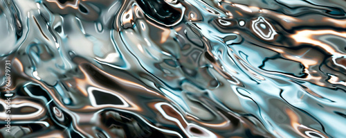 A detailed view of the serene waters surface, showcasing subtle ripples and reflections of light dancing gently, creating a mesmerizing and calming scene. Banner. Copy space