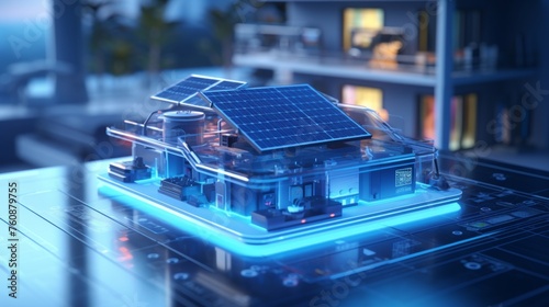 Futuristic smart home model with solar panels on blurred background, renewable energy concept.