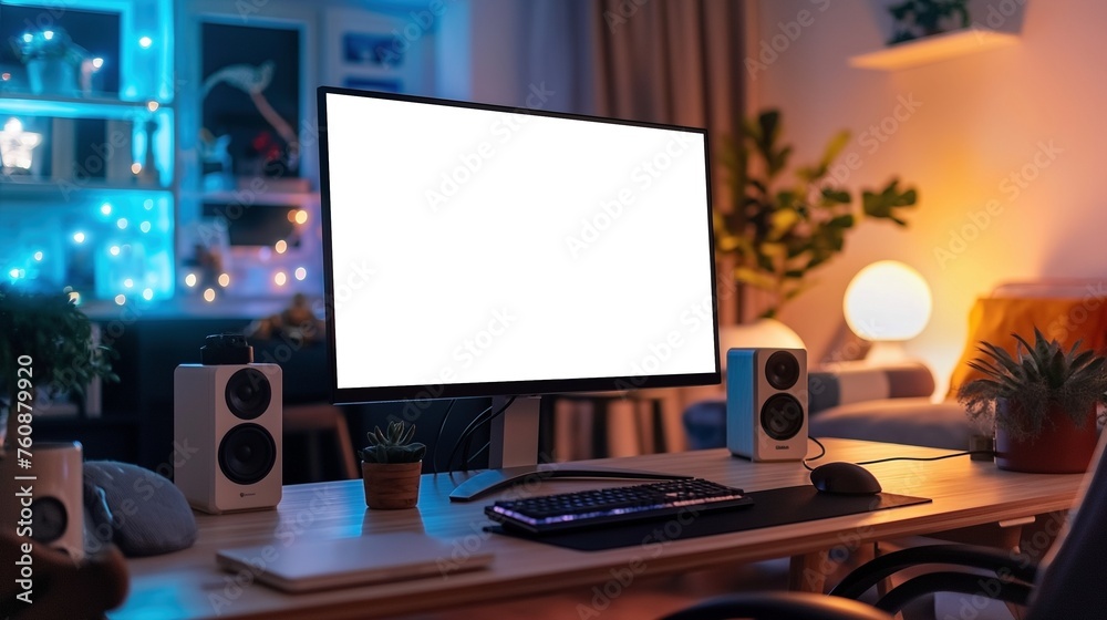 Computer monitor mockup with blank screen on desk in contemporary dimly lit room, AI-generative Computer monitor mockup with blank screen on desk in contemporary dimly lit room, AI-generative