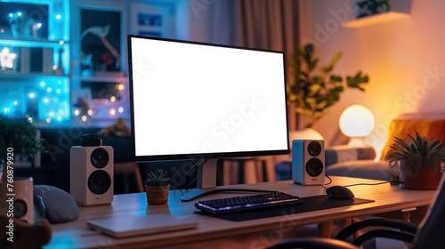 Computer monitor mockup with blank screen on desk in contemporary dimly lit room, AI-generative	