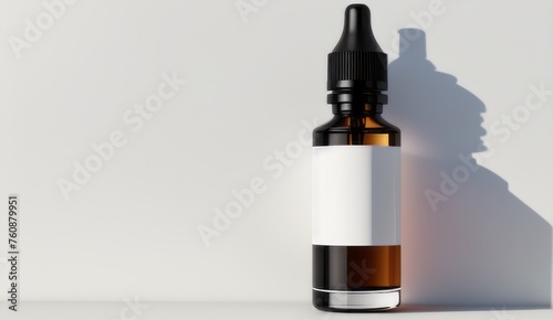 Amber vape liquid bottle with blank empty white label isolated background