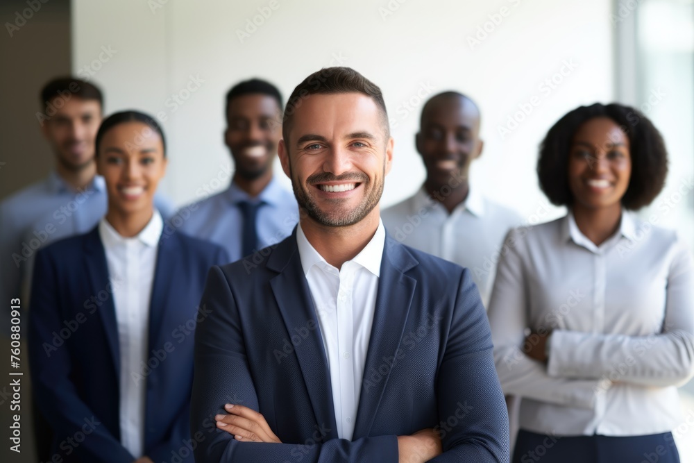 A diverse group of professional business people with a confident male leader at the forefront smiling. Professional Team with Confident Leader Portrait A diverse group of professional business people with a confident male leader at the forefront smiling. Professional Team with Confident Leader Portrait