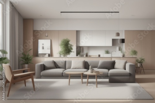  Interior of modern living room with sofa  table and wooden racks near white wall1