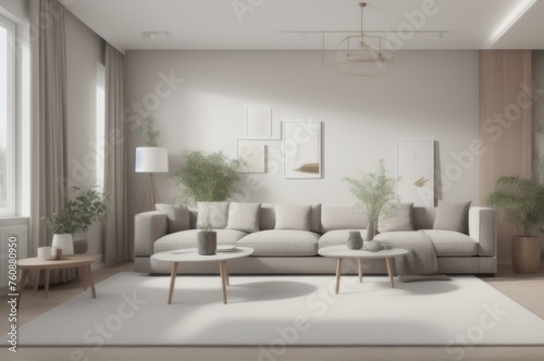  Interior of modern living room with sofa, table and wooden racks near white wall1