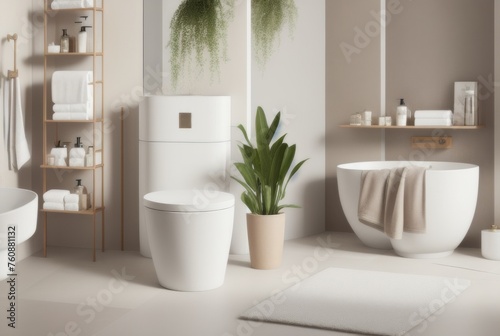  Interior of stylish bathroom with houseplant and ceramic toilet bowl near beige wall