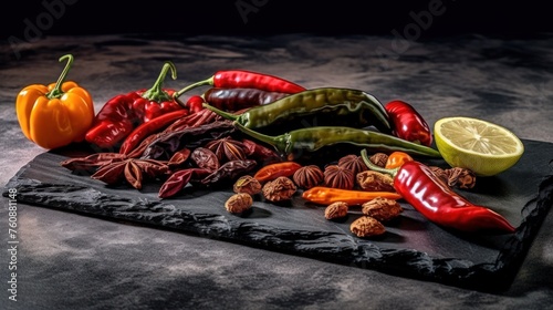 Pepper. Photo of fresh spices. Assortment of fresh and dried peppers, seasonings and herbs on a marble background.