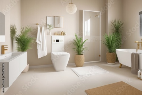  Interior of stylish bathroom with houseplant and ceramic toilet bowl near beige wall
