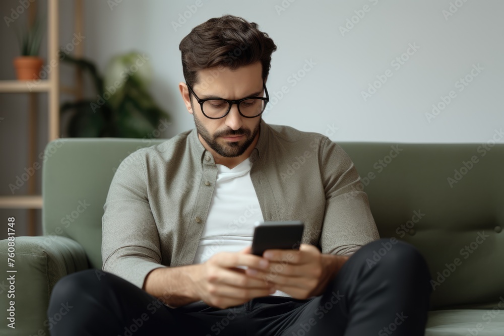 Modern professional man engrossed in reading or texting on his mobile phone while sitting comfortably on a couch. Focused Man Using Smartphone on Couch Modern professional man engrossed in reading or texting on his mobile phone while sitting comfortably on a couch. Focused Man Using Smartphone on Couch